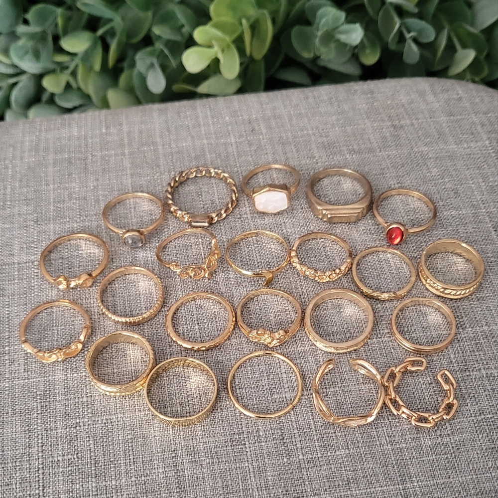 Trendy Lot of 22 Gold Fashion Rings BoHo Midi Boutique Rhinestone